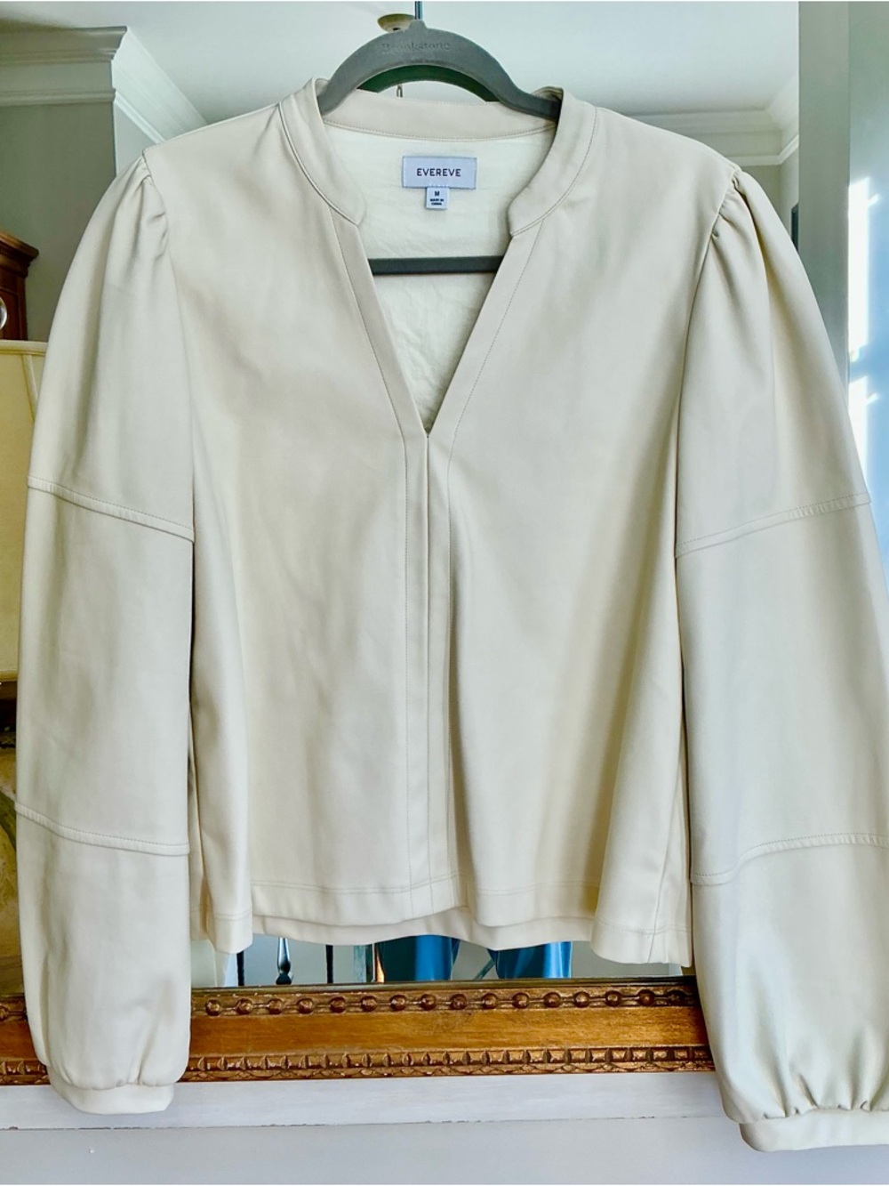 Evereve Cream Faux Leather Puff-Sleeve top.